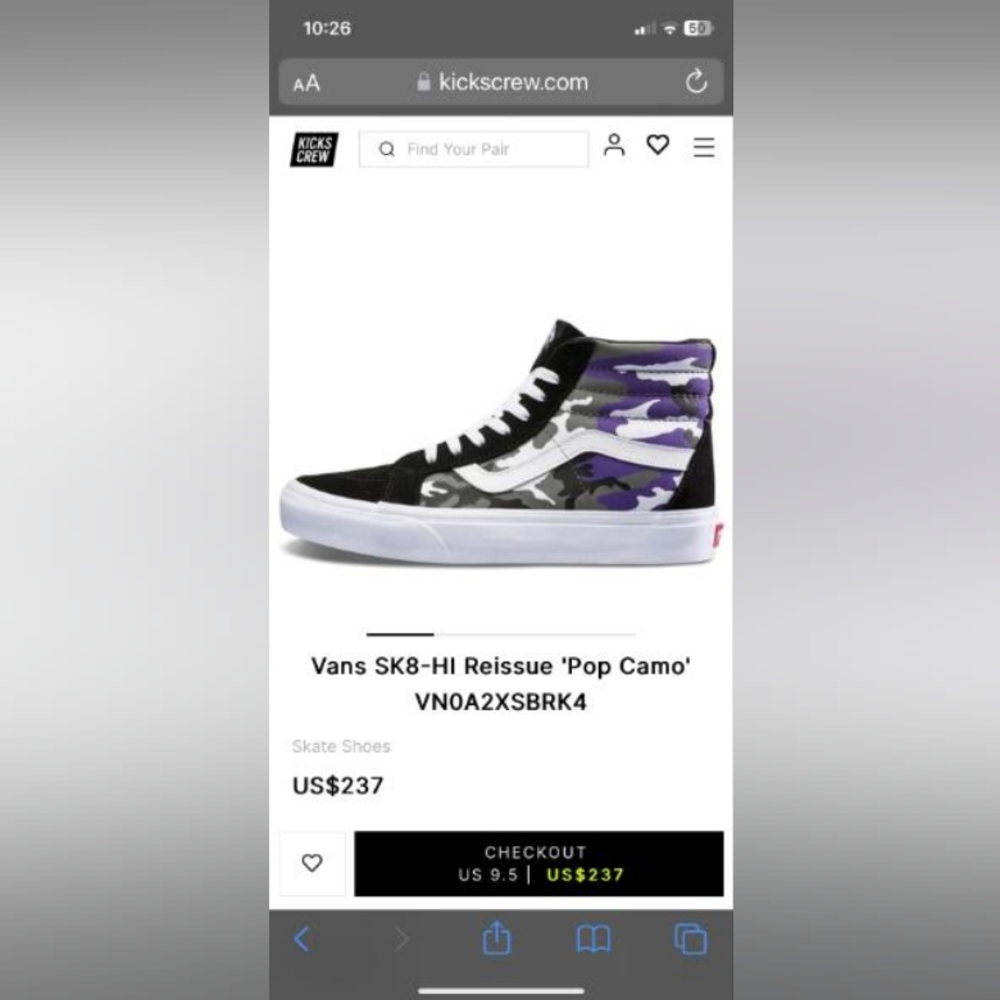 Vans Sk8-Hi Pop Camo Black/Heliotrope/True White Sz 9.5